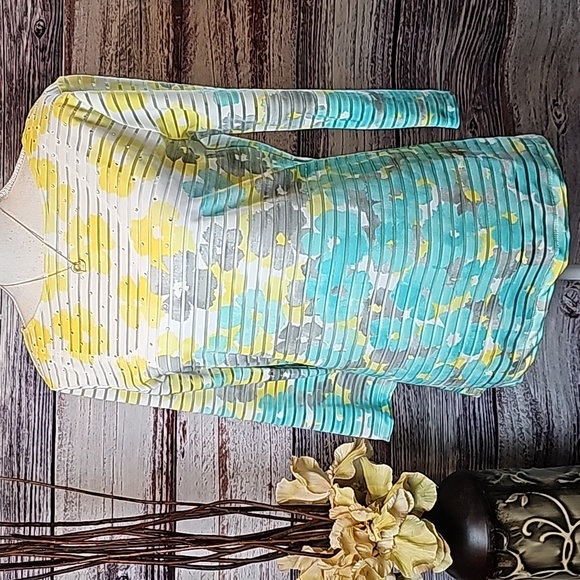 NEW RUBY RD SHEER LINED YELLOW & GREEN FLORAL PULLOVER BLOUSE - Picture 1 of 13